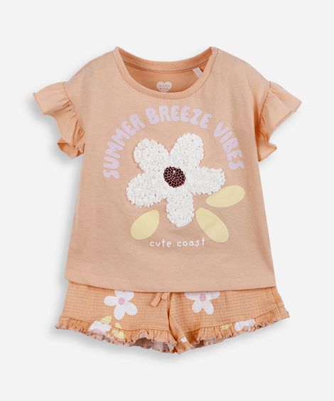 conjunto infantil de algodão com flor texturizada laranja