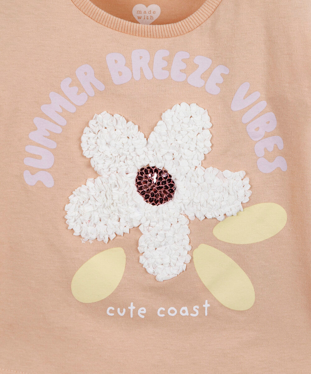 conjunto infantil de algodão com flor texturizada laranja