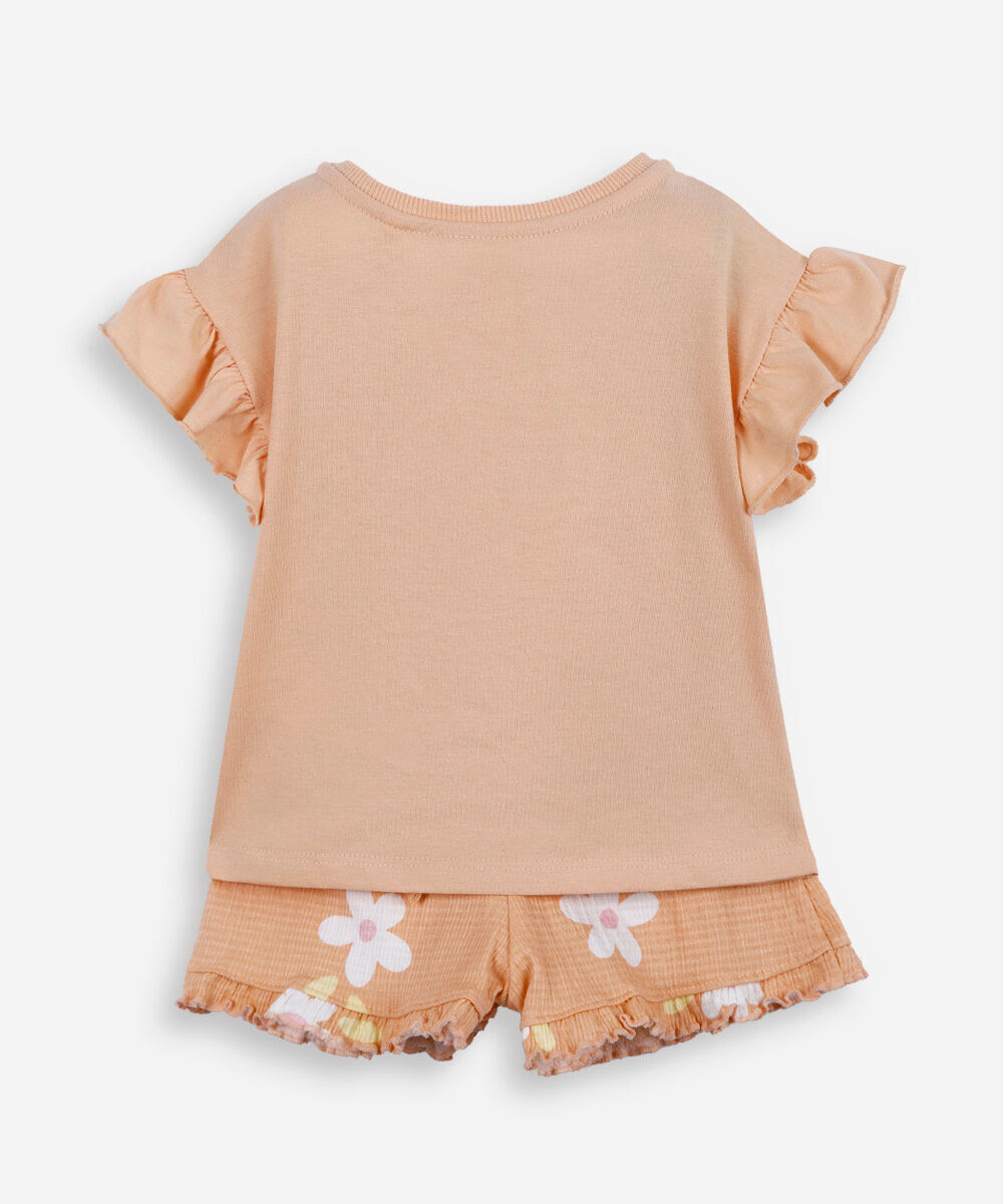 conjunto infantil de algodão com flor texturizada laranja