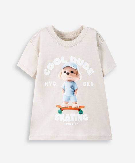 camiseta infantil de algodão com cachorro estampado bege