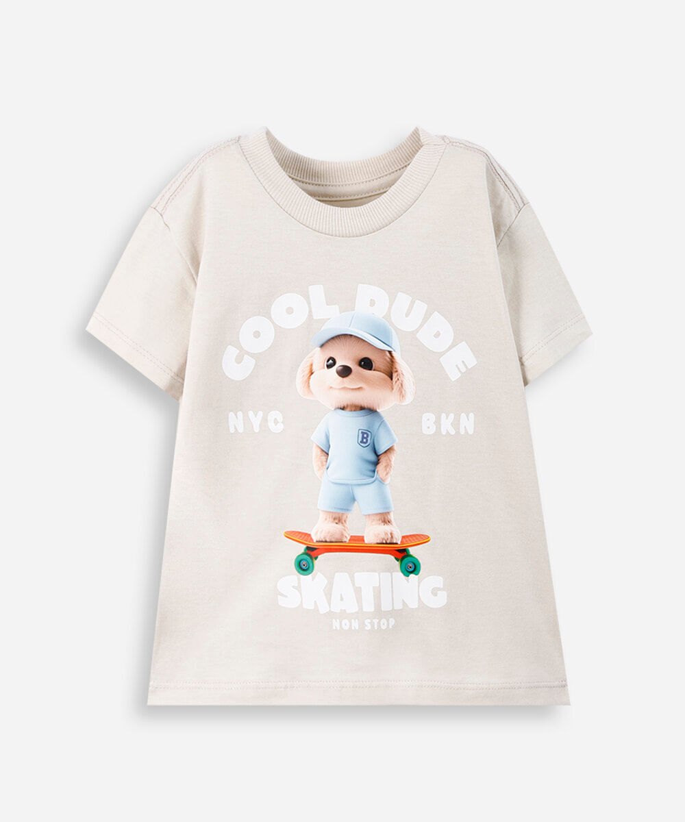 camiseta infantil de algodão com cachorro estampado bege
