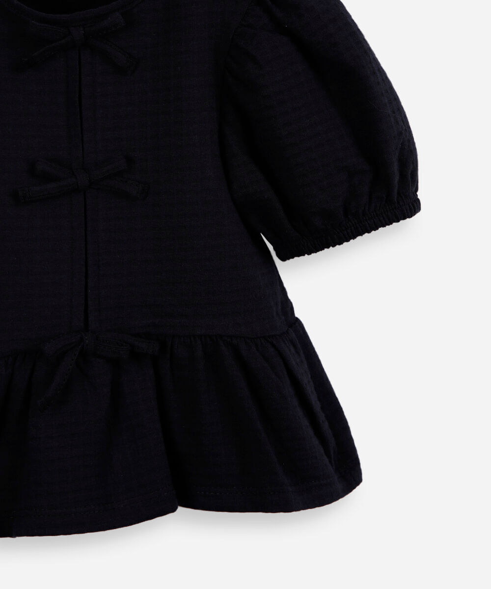 blusa de algodão infantil com lacinho texturizada preta