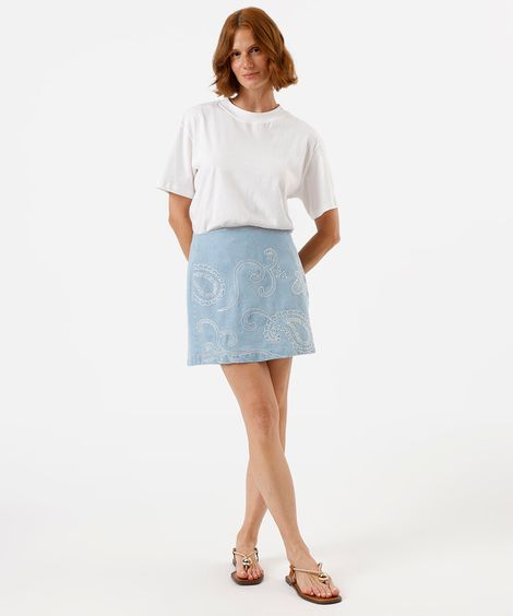 saia curta feminina jeans bordada azul