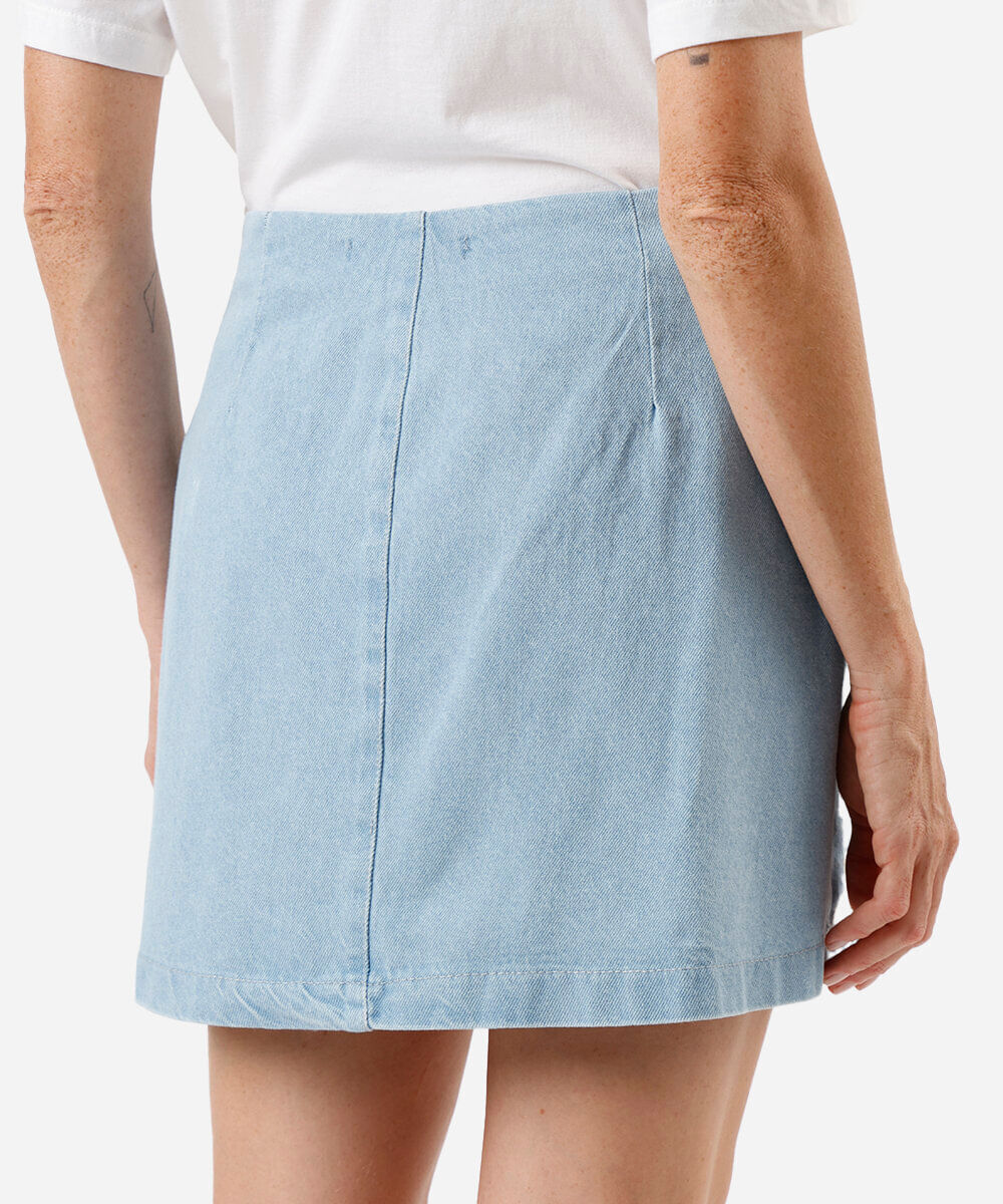 saia curta feminina jeans bordada azul