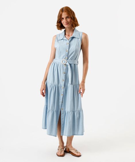 vestido midi chemise feminino jeans com recortes e cinto azul