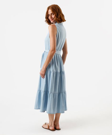 vestido midi chemise feminino jeans com recortes e cinto azul