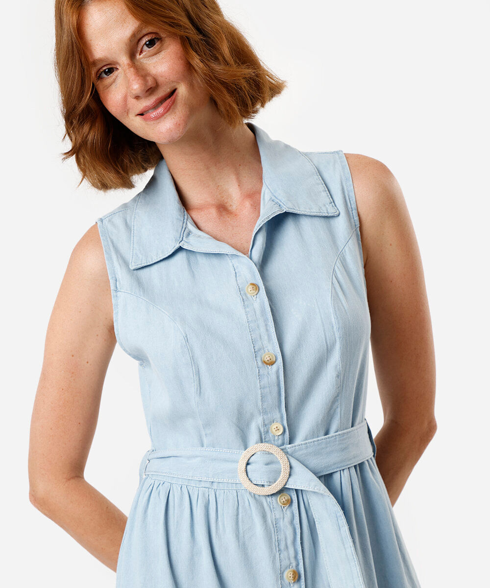 vestido midi chemise feminino jeans com recortes e cinto azul