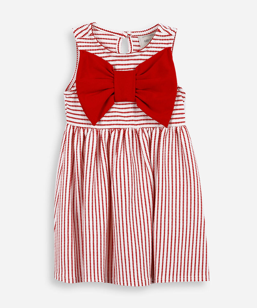 vestido infantil com laço listrado texturizado vermelho