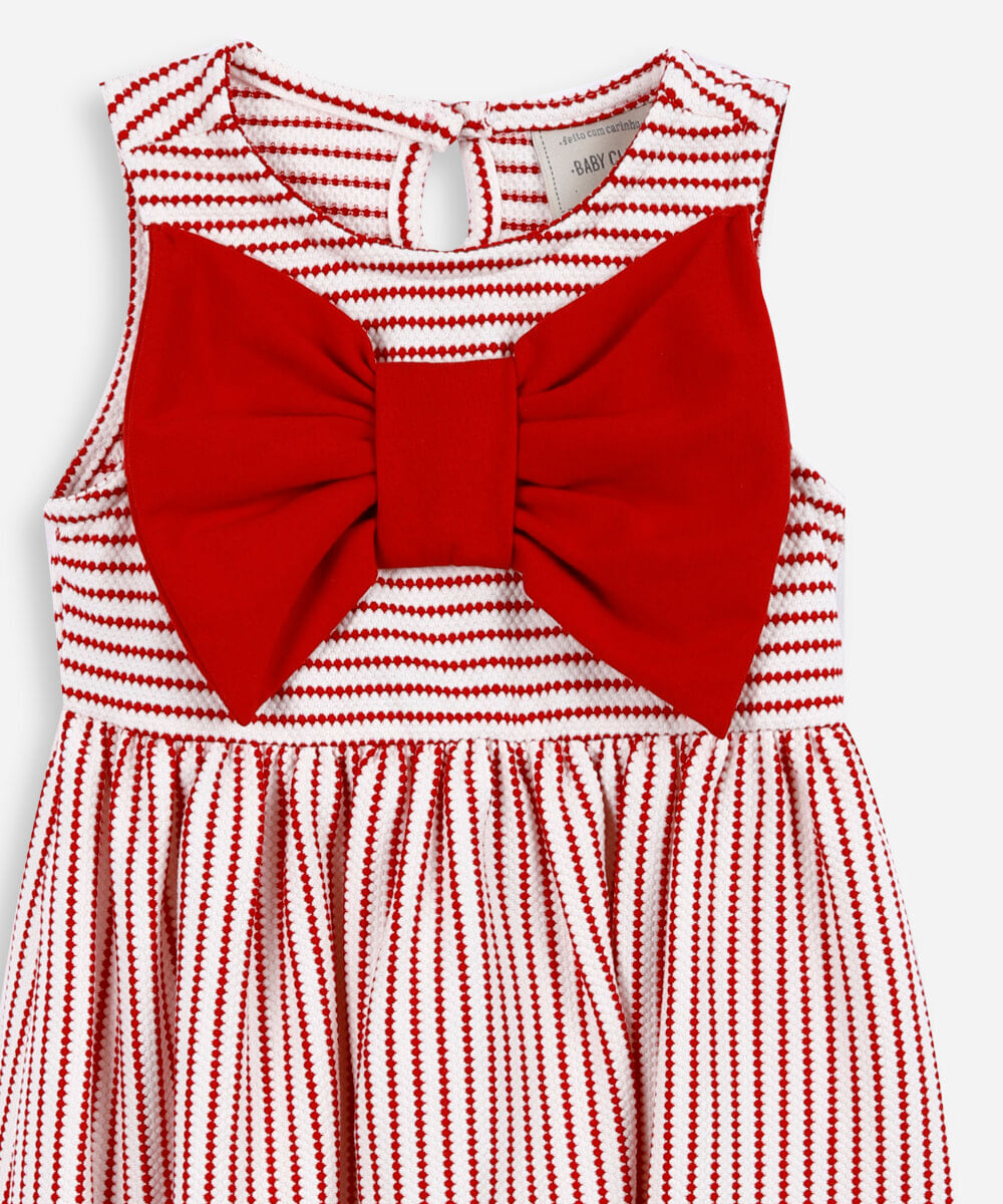 vestido infantil com laço listrado texturizado vermelho