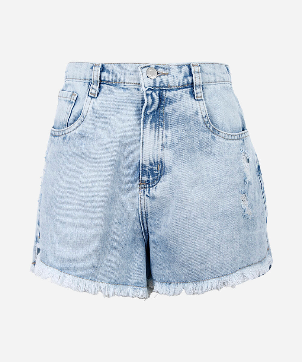 short juvenil de algodão desfiado azul