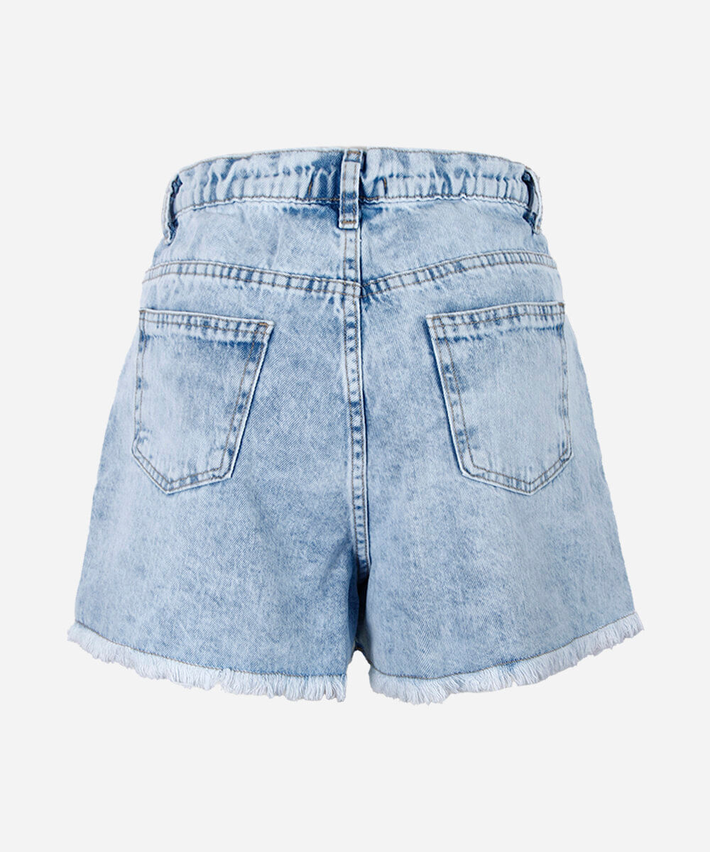 short juvenil de algodão desfiado azul