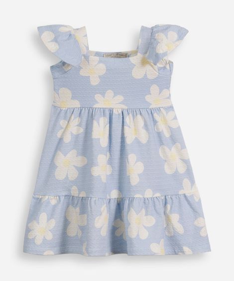 vestido infantil de algodão com recorte floral texturizado azul