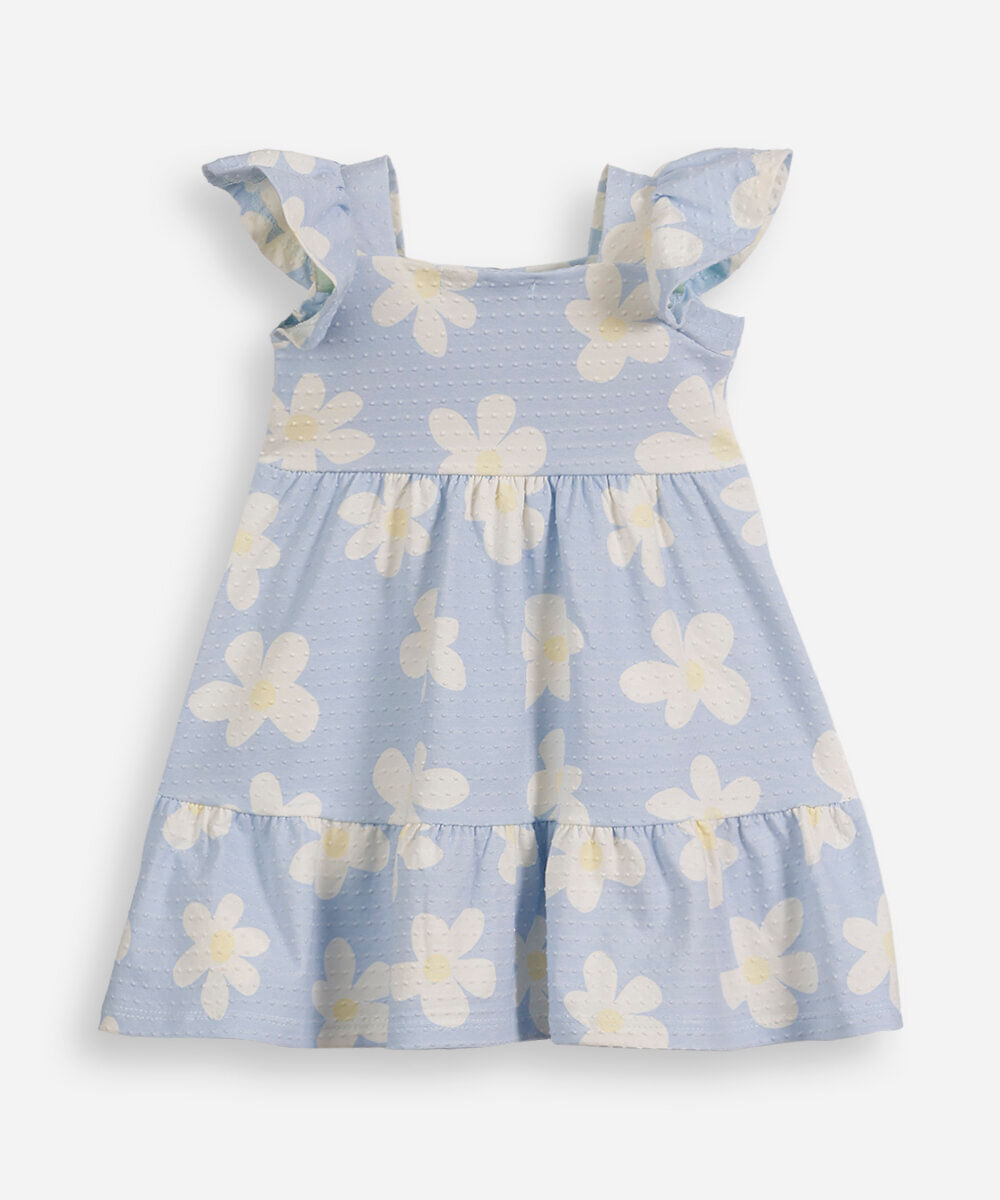 vestido infantil de algodão com recorte floral texturizado azul