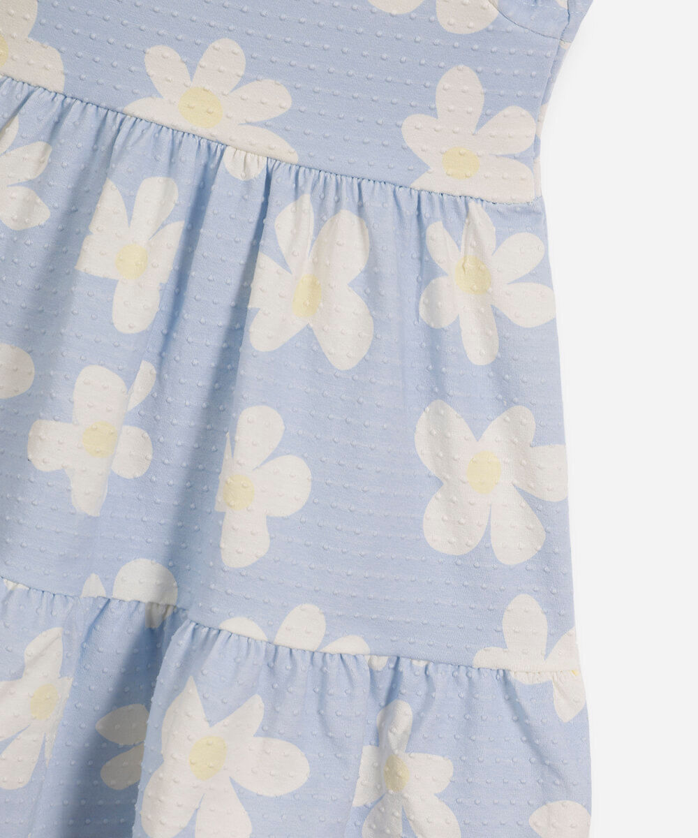 vestido infantil de algodão com recorte floral texturizado azul