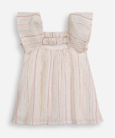 vestido infantil com algodão e lurex listrado off white
