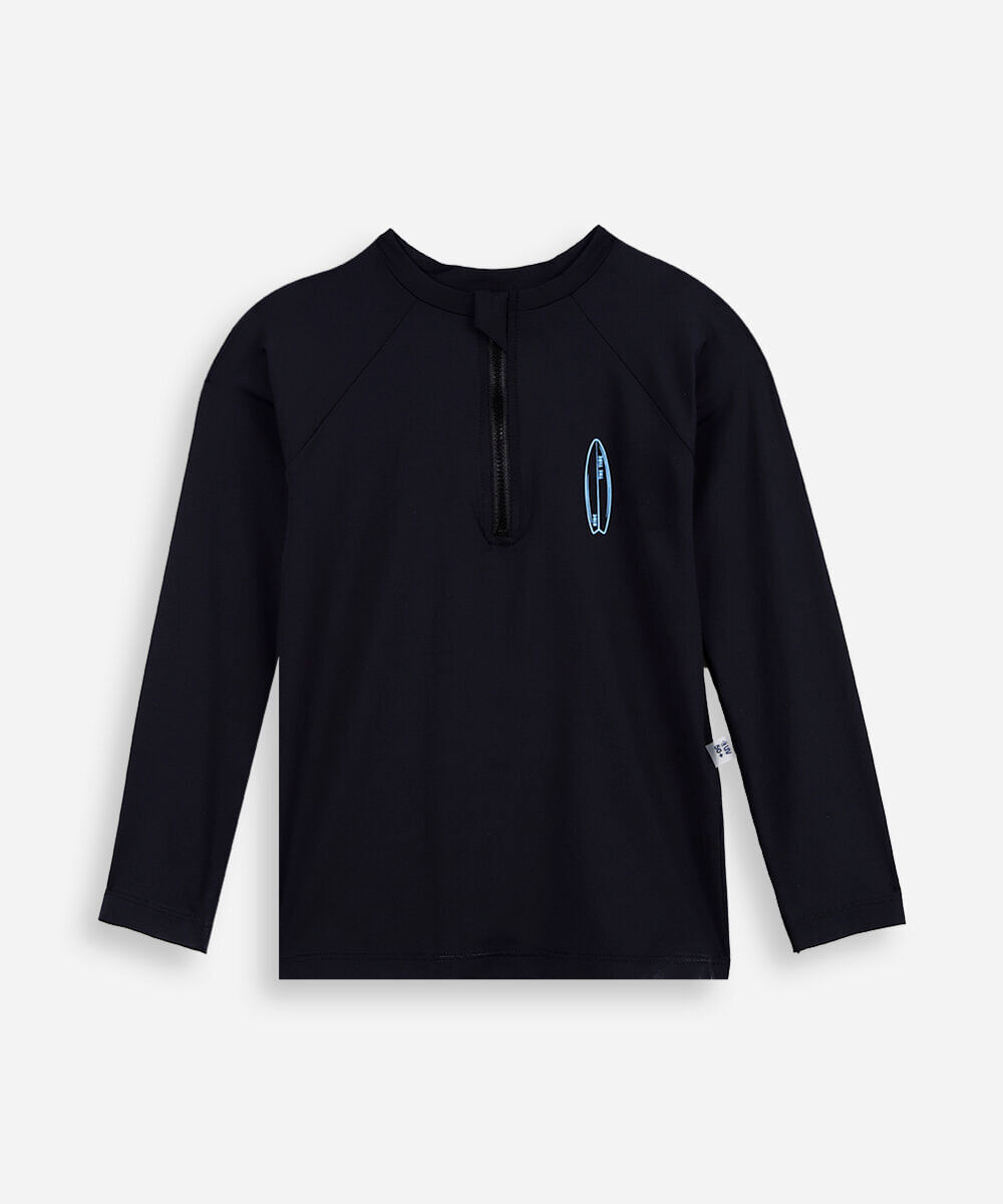 camiseta raglan infantil com proteção uv estampado preta