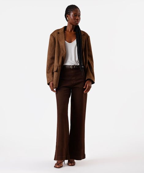 calça wide leg slim feminina de sarja com cinto marrom