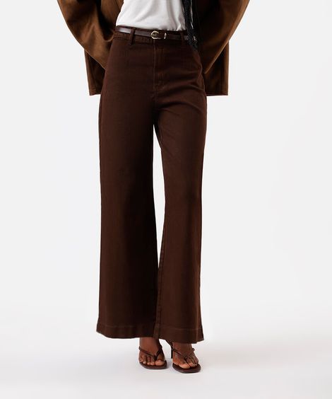 calça wide leg slim feminina de sarja com cinto marrom