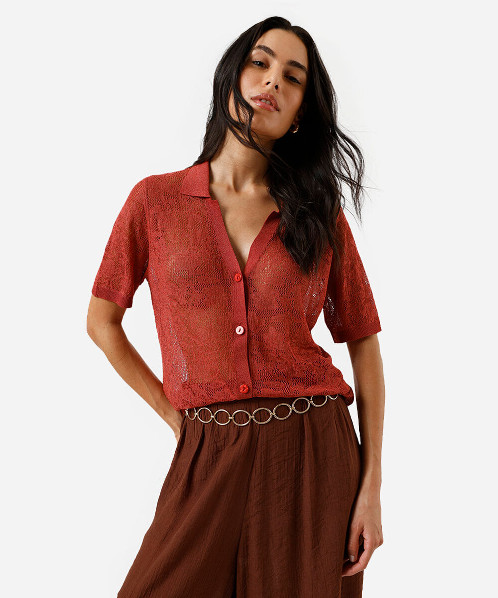 camisa feminina de tricot manga curta marrom