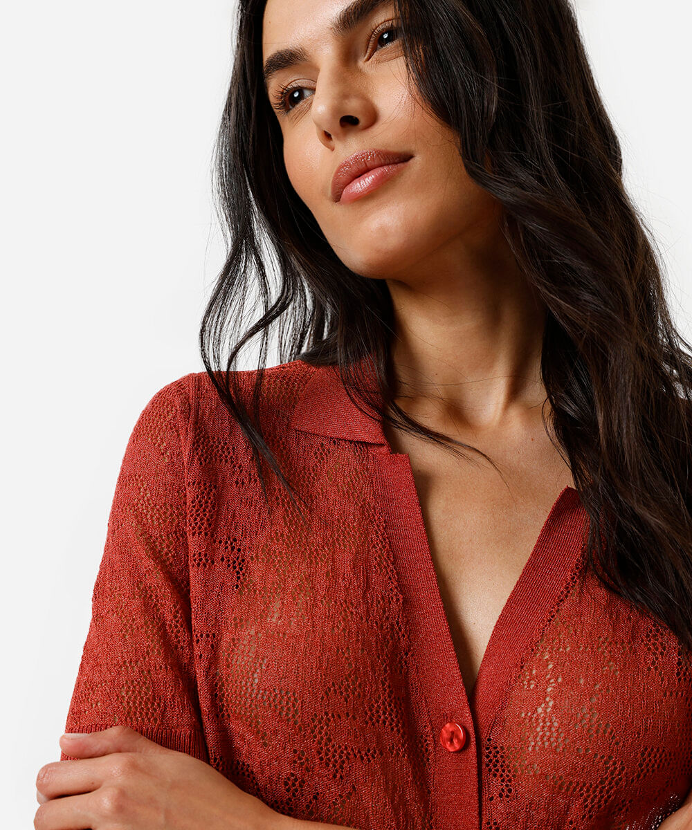 camisa feminina de tricot manga curta marrom