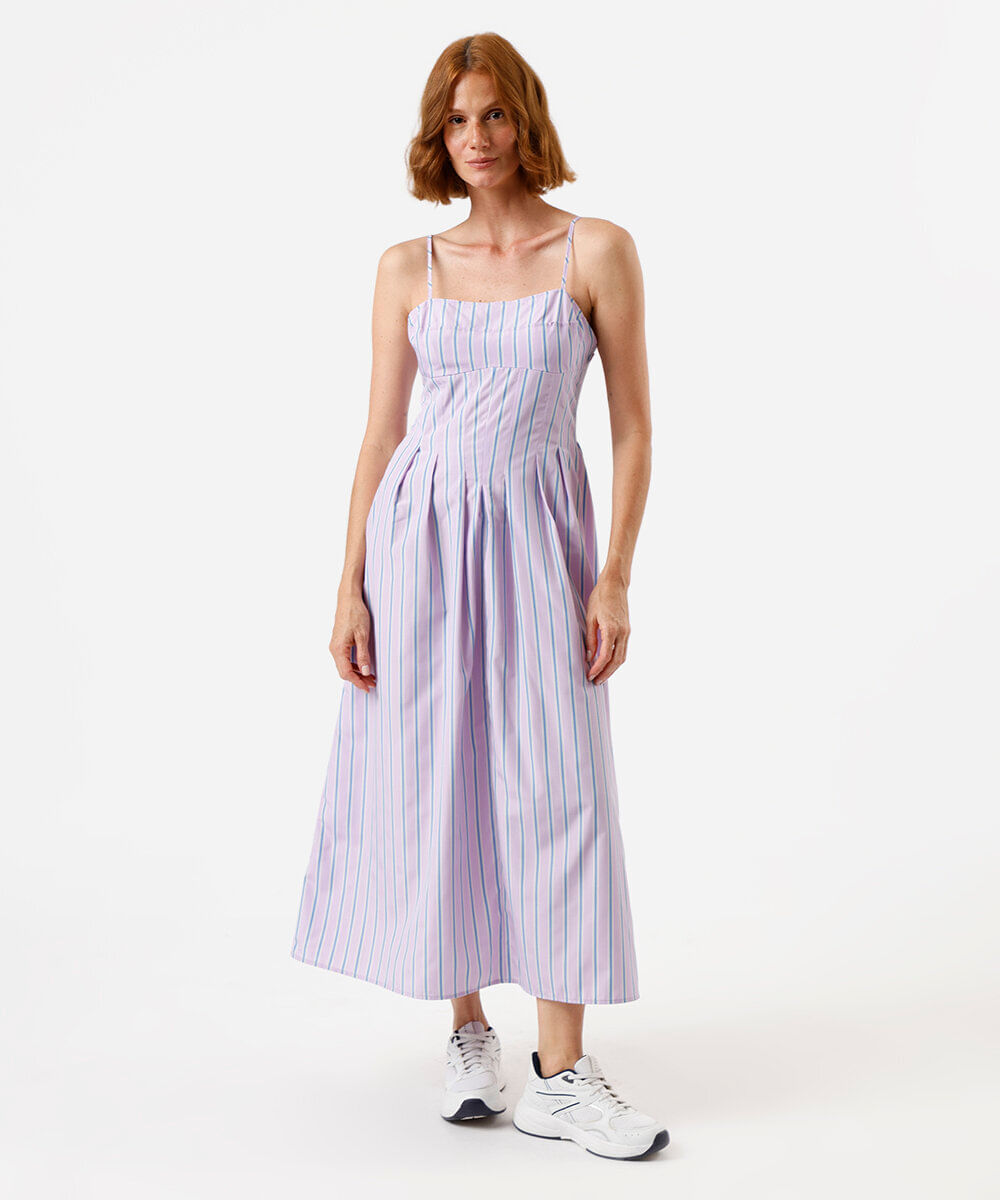 vestido midi alça fina feminino com pregas listrado lilás