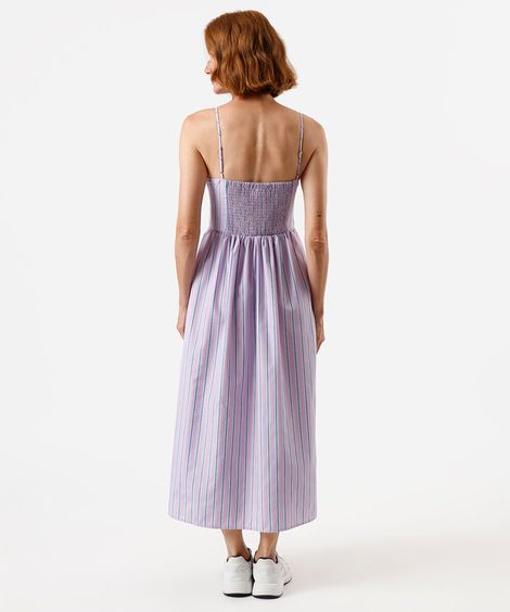 vestido midi alça fina feminino com pregas listrado lilás