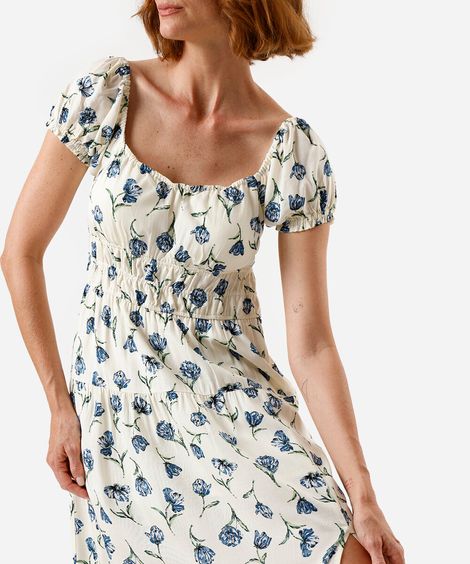 vestido midi feminino de viscose manga bufante com fenda floral off white