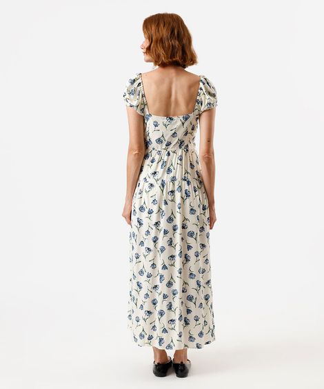 vestido midi feminino de viscose manga bufante com fenda floral off white