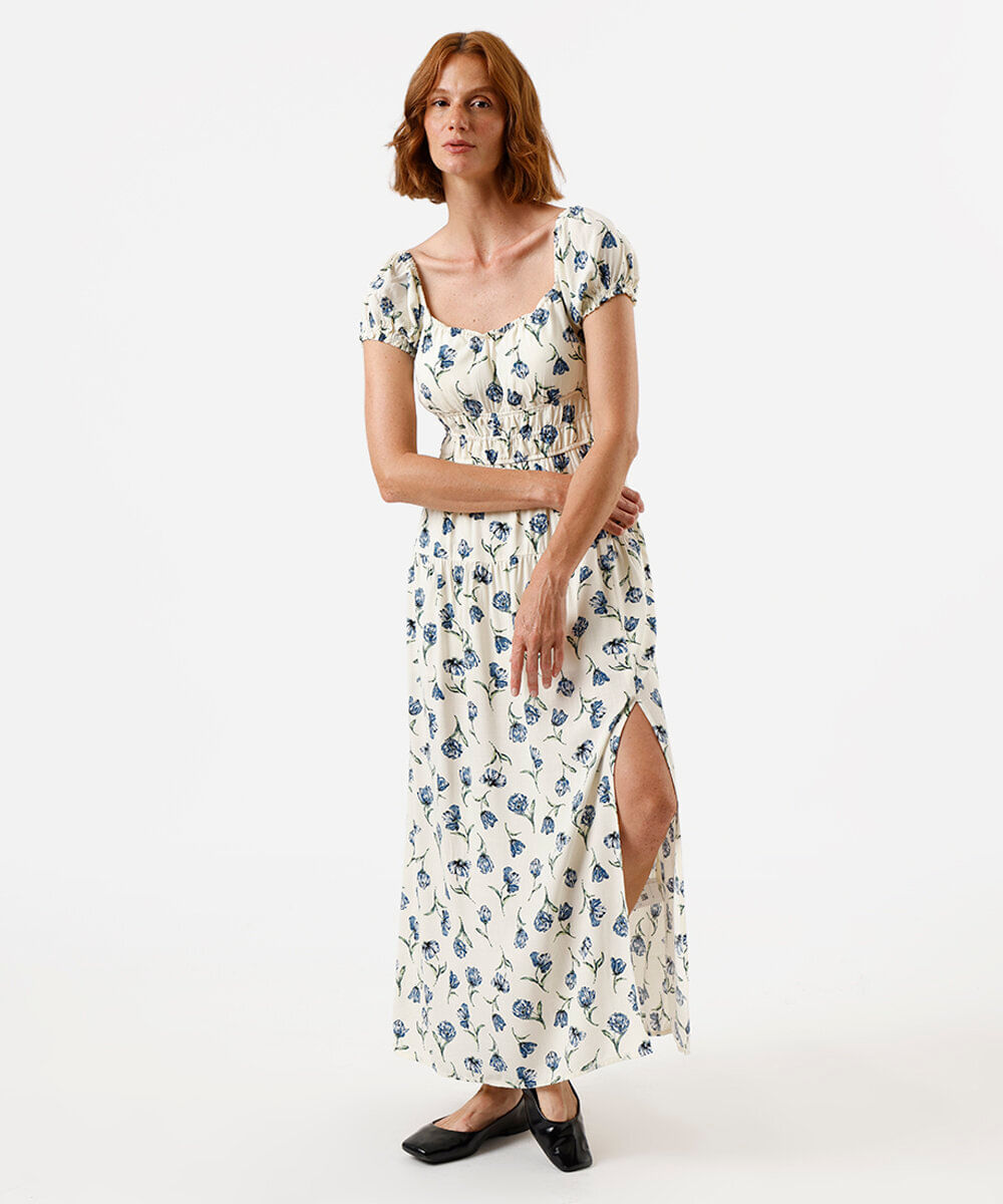 vestido midi feminino de viscose manga bufante com fenda floral off white