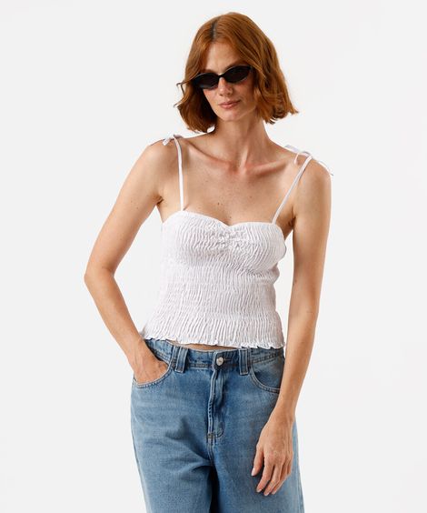 blusa alça fina feminina decote coração franzida off white