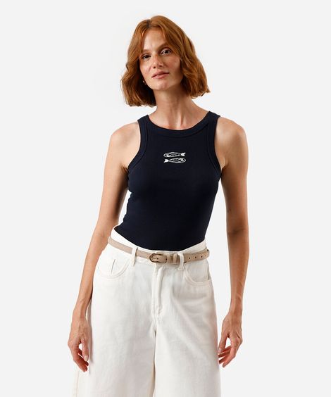 regata feminina de algodão bordada azul