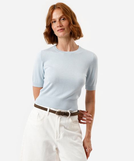 blusa cropped feminina de tricot manga curta azul