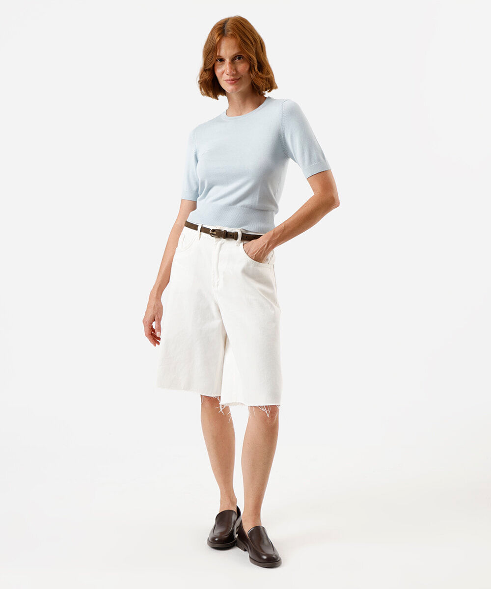 blusa cropped feminina de tricot manga curta azul