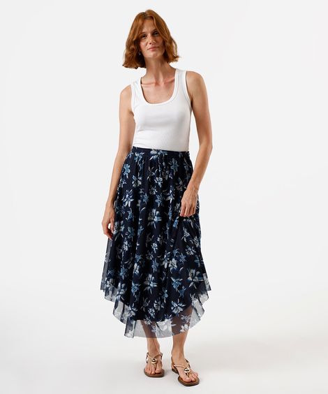 saia midi feminina de tule floral azul