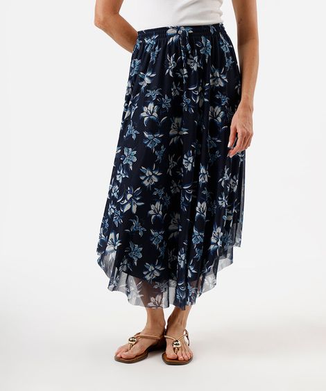 saia midi feminina de tule floral azul