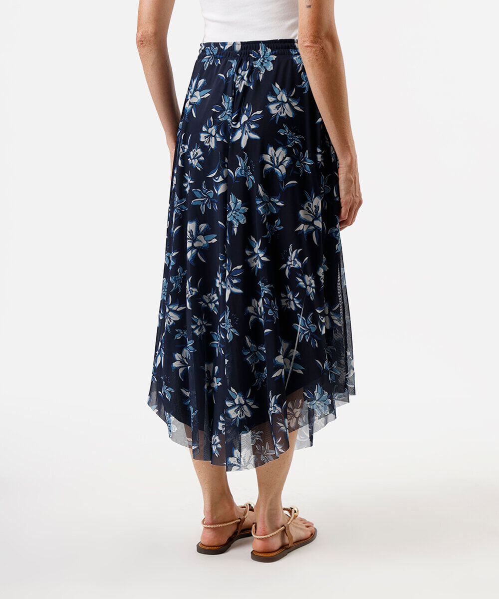 saia midi feminina de tule floral azul
