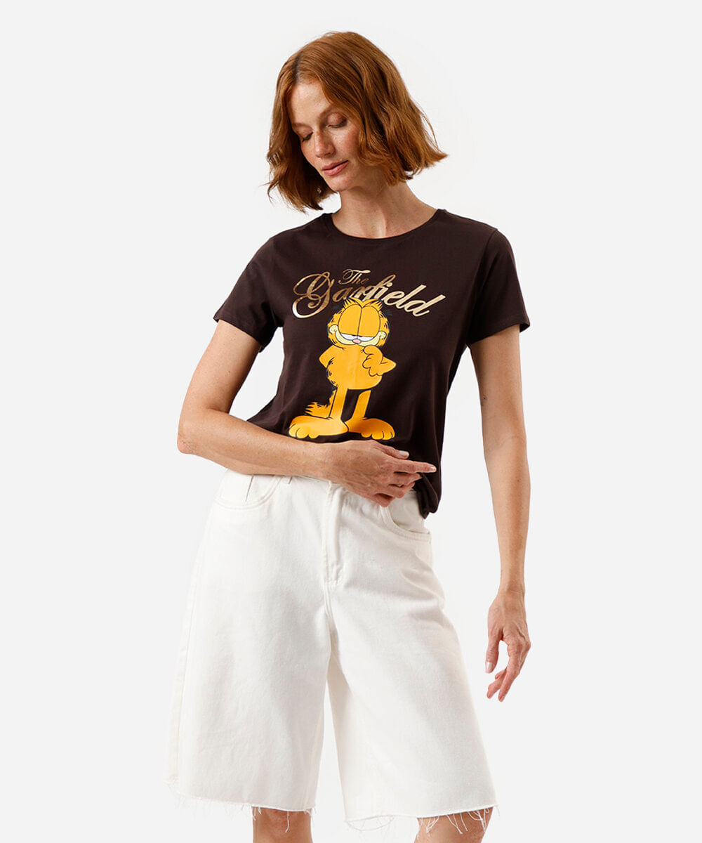 camiseta feminina de algodão garfield marrom