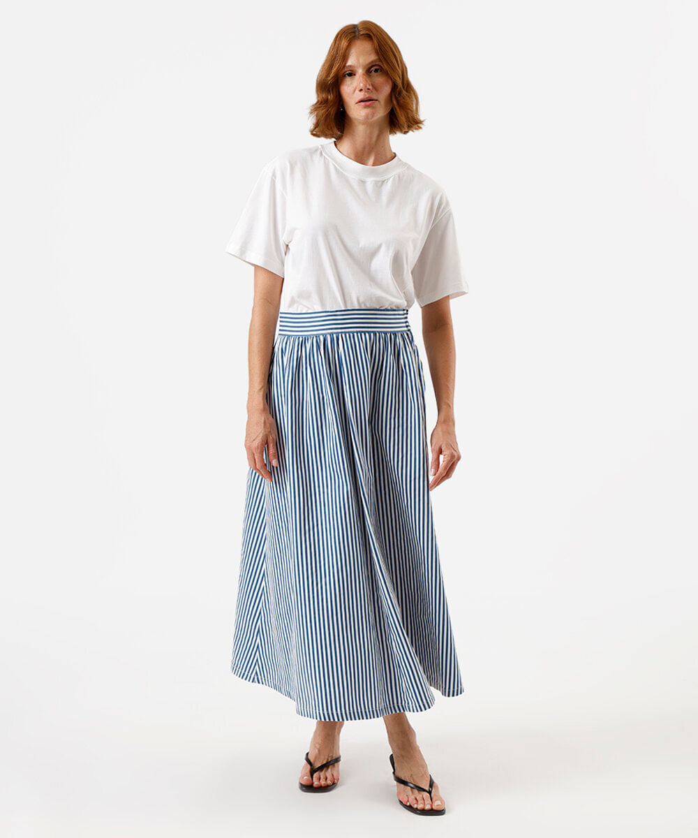 saia midi feminina de algodão listrada azul
