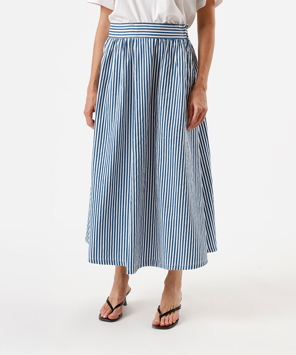 saia midi feminina de algodão listrada azul