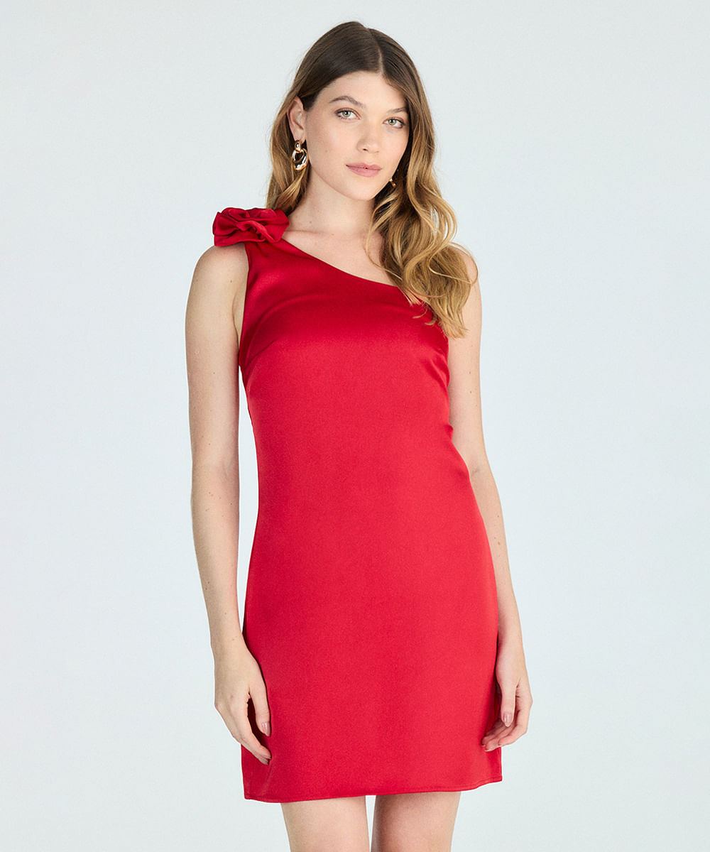 vestido curto ombro único com flor vermelho