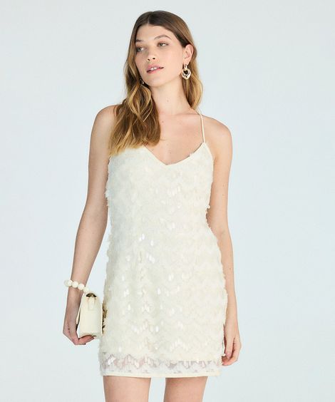 vestido curto alça fina feminino de paetê com babado bege