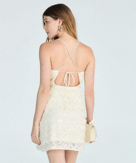 vestido curto alça fina feminino de paetê com babado bege