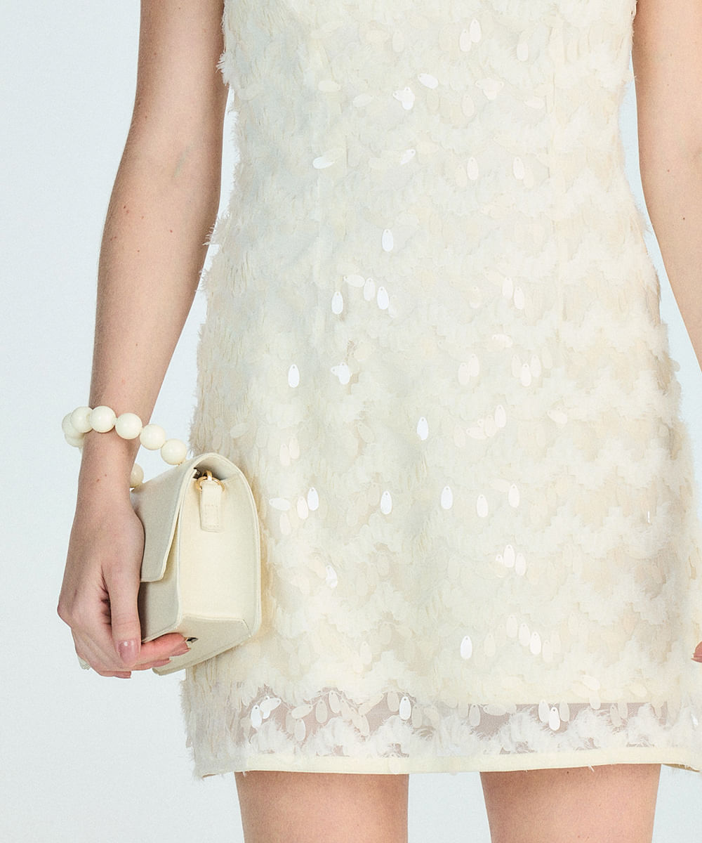 vestido curto alça fina feminino de paetê com babado bege