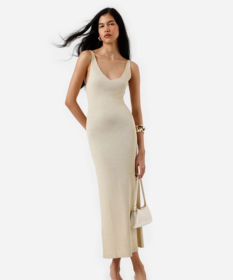 vestido alça fina midi feminino de tricot com lurex bege