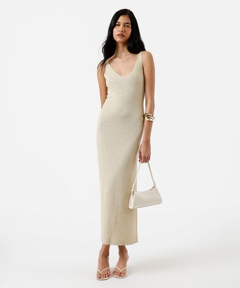 vestido alça fina midi feminino de tricot com lurex bege