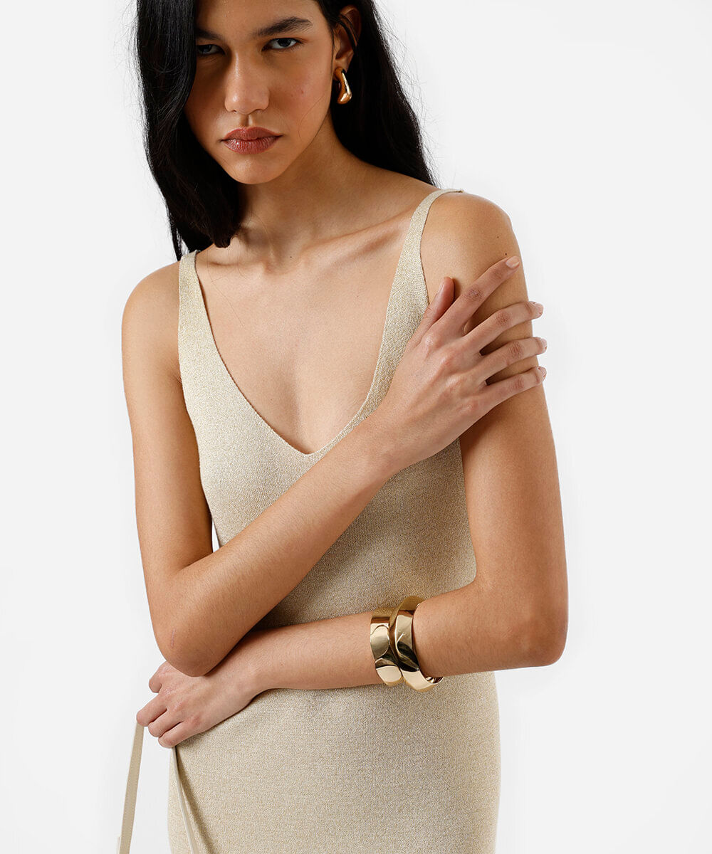 vestido alça fina midi feminino de tricot com lurex bege