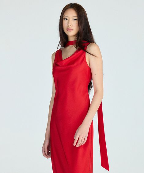 vestido longo feminino acetinado decote degadê vermelho