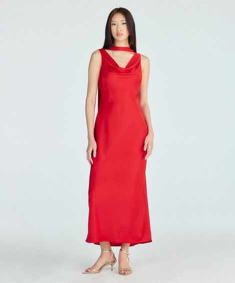 vestido longo feminino acetinado decote degadê vermelho