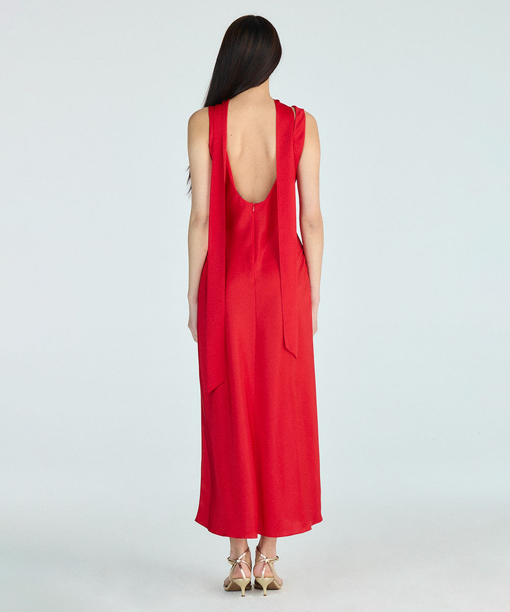 vestido longo feminino acetinado decote degadê vermelho