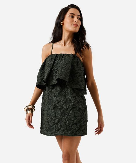 vestido curto alça fina feminino texturizado floral verde